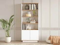 Boekenkast Met 2 Deuren En 4 Nissen - Licht Naturel En Wit - Lotula