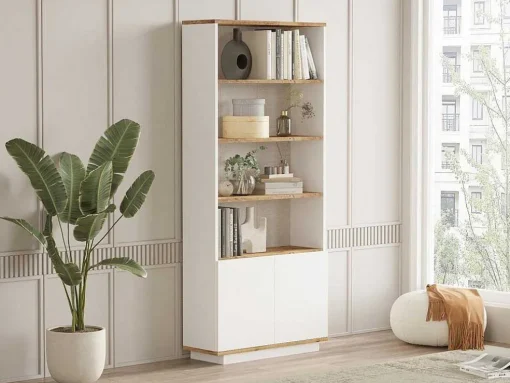 Boekenkast Met 2 Deuren En 4 Nissen - Licht Naturel En Wit - Lotula