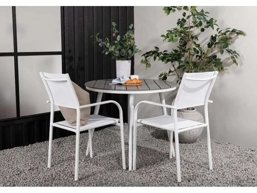 Break Tuinmeubelset Tafel O90Cm Grijs, 2 Stoelen Santorini Wit.