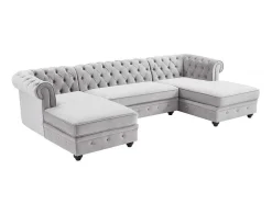 Brede Hoekbank Van Lichtgrijs Velours Chesterfield