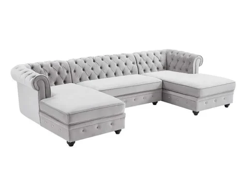 Brede Hoekbank Van Lichtgrijs Velours Chesterfield