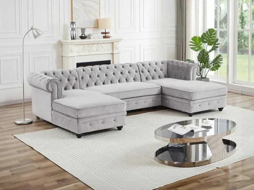 Brede Hoekbank Van Lichtgrijs Velours Chesterfield