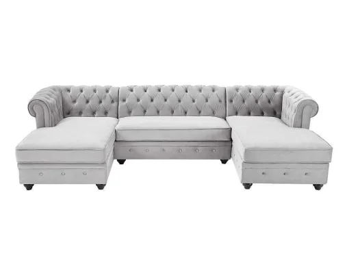 Brede Hoekbank Van Lichtgrijs Velours Chesterfield