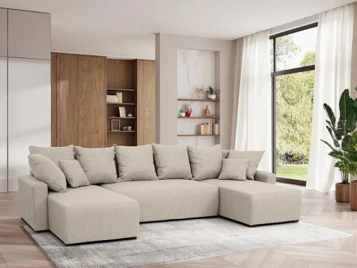 Brede Hoekslaapbank Van Beige Stof Ladazia