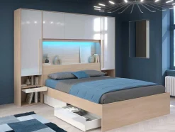 Brugkast Met Opbergruimte - Met Ledverlichting - L265 Cm - Kleuren: Glanzend Wit En Houtlook - Velona