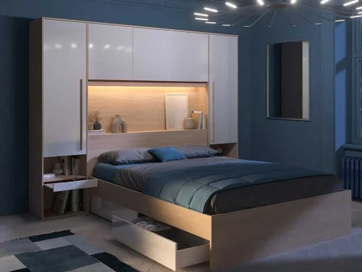 Brugkast Met Opbergruimte - Met Ledverlichting - L265 Cm - Kleuren: Glanzend Wit En Houtlook - Velona