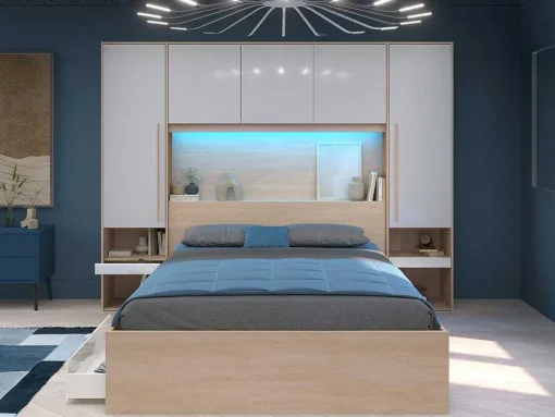 Brugkast Met Opbergruimte - Met Ledverlichting - L265 Cm - Kleuren: Glanzend Wit En Houtlook - Velona