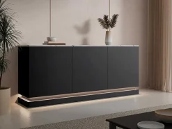 Buffetkast Met 3 Deuren En Ledverlichting Van Mdf - Zwart Met Wit Marmereffect - Devika Van Pascal Morabito