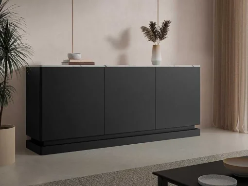 Buffetkast Met 3 Deuren En Ledverlichting Van Mdf - Zwart Met Wit Marmereffect - Devika Van Pascal Morabito