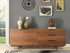 Buffetkast Tayron - 2 Deuren En 3 Laden - Mdf En Metalen Poten - Kleur: Walnoot