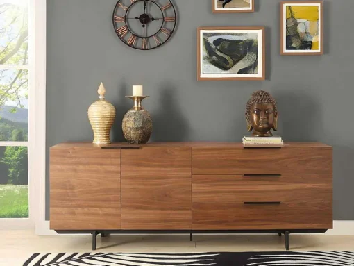 Buffetkast Tayron - 2 Deuren En 3 Laden - Mdf En Metalen Poten - Kleur: Walnoot