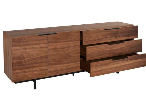 Buffetkast Tayron - 2 Deuren En 3 Laden - Mdf En Metalen Poten - Kleur: Walnoot
