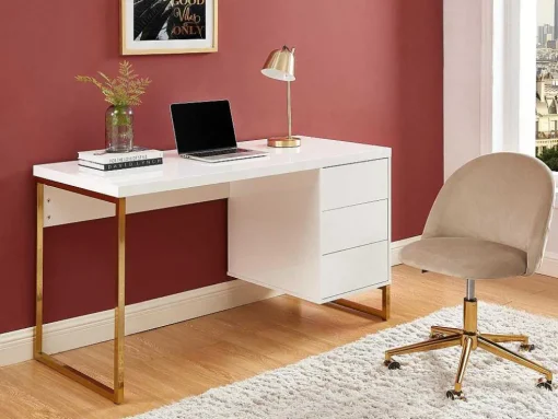 Bureau Met 3 Lades - Gelakt Mdf En Metaal - Wit En Goudkleurig - Timfia Van Pascal Morabito