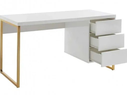 Bureau Met 3 Lades - Gelakt Mdf En Metaal - Wit En Goudkleurig - Timfia Van Pascal Morabito