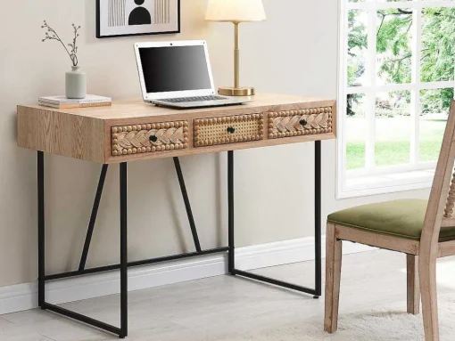 Bureau Met 3 Lades - Mdf En Metaal - Kleuren: Naturel En Zwart - Akivi