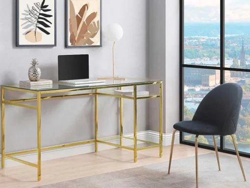 Bureau Met 2 Rekken - Gehard Glas En Staal - Goudkleurig - Tizio - Van Pascal Morabito