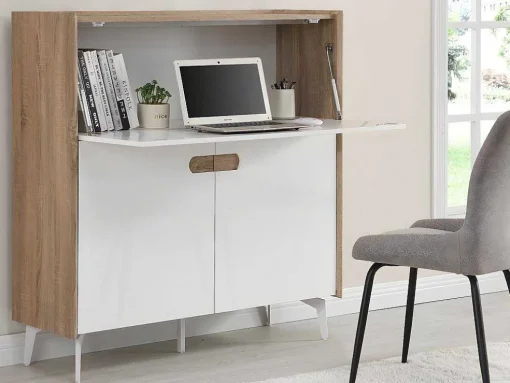 Bureaukast Met 3 Deuren - Mdf En Metaal - Naturel En Wit - Derelis