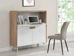 Bureaukast Met 3 Deuren - Mdf En Metaal - Naturel En Wit - Derelis