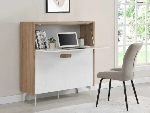 Bureaukast Met 3 Deuren - Mdf En Metaal - Naturel En Wit - Derelis