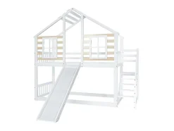 Cabine Stapelbed 90X200Cm - Massief Grenen - Met Trap En Glijbaan - Wit
