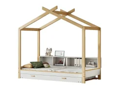 Cabinebed 90X200Cm Met Uitschuifbaar Onderschuifbed 90X190Cm - 4 Planken Op Bed - Structuur Massief Grenen - Wit