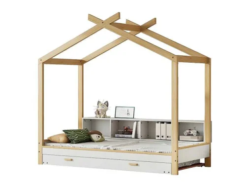 Cabinebed 90X200Cm Met Uitschuifbaar Onderschuifbed 90X190Cm - 4 Planken Op Bed - Structuur Massief Grenen - Wit