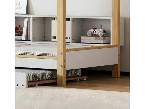 Cabinebed 90X200Cm Met Uitschuifbaar Onderschuifbed 90X190Cm - 4 Planken Op Bed - Structuur Massief Grenen - Wit