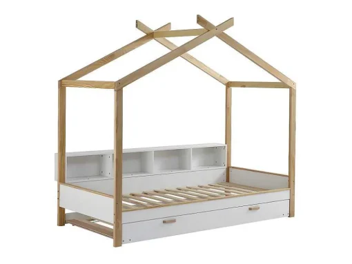 Cabinebed 90X200Cm Met Uitschuifbaar Onderschuifbed 90X190Cm - 4 Planken Op Bed - Structuur Massief Grenen - Wit