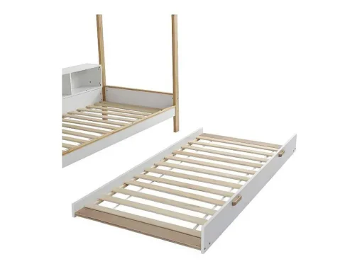 Cabinebed 90X200Cm Met Uitschuifbaar Onderschuifbed 90X190Cm - 4 Planken Op Bed - Structuur Massief Grenen - Wit