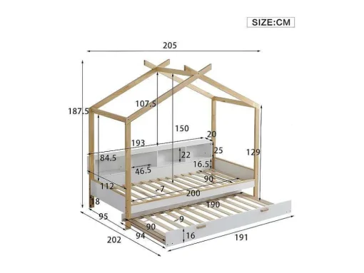 Cabinebed 90X200Cm Met Uitschuifbaar Onderschuifbed 90X190Cm - 4 Planken Op Bed - Structuur Massief Grenen - Wit