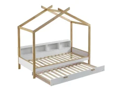Cabinebed 90X200Cm Met Uitschuifbaar Onderschuifbed 90X190Cm - 4 Planken Op Bed - Structuur Massief Grenen - Wit