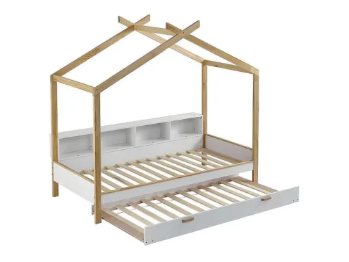 Cabinebed 90X200Cm Met Uitschuifbaar Onderschuifbed 90X190Cm - 4 Planken Op Bed - Structuur Massief Grenen - Wit