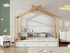 Cabinebed 90X200Cm Met Uitschuifbaar Onderschuifbed 90X190Cm - 4 Planken Op Bed - Structuur Massief Grenen - Wit