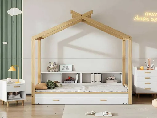 Cabinebed 90X200Cm Met Uitschuifbaar Onderschuifbed 90X190Cm - 4 Planken Op Bed - Structuur Massief Grenen - Wit