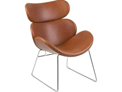 Cazy Fauteuil Kunstleer Vintage Cognac Bruin - Chromen Onderstel.