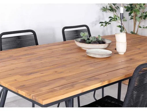 Chan Tuinmeubelset Tafel 100X200Cm En 4 Stoel Stapel Lindos Zwart, Naturel.
