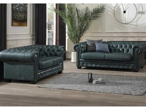 Chesterfield Zitbank 3 + 2 Plaatsen Brenton 100% Buffelleer - Spaans Groen