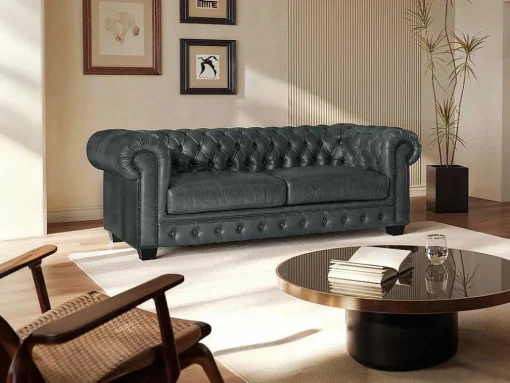 Chesterfield 3-Zitsbank Brenton 100% Buffelleer - Spaans Groen