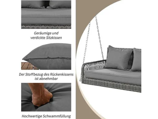 114 Cm Hangstoel In Pe Rotan - 2 Plaatsen - 11 Cm Gewatteerd Zitkussen - Grijs