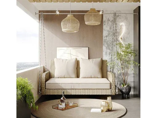 114 Cm Hangstoel In Pe Rotan - 2 Plaatsen - 11 Cm Gewatteerd Zitkussen - Beige