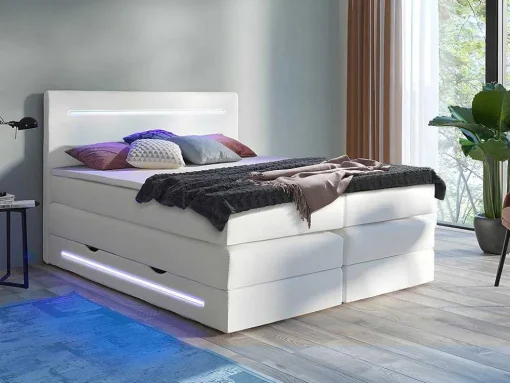 Complete Boxspring Met Hoofdeinde Met Leds, Bedbodem Met Opbergruimte, Matras En Dekmatras - Wit - Kunstleer - 160 X 200 Cm - Keros Van Dreamea