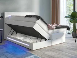 Complete Boxspring Met Hoofdeinde Met Leds, Bedbodem Met Opbergruimte, Matras En Dekmatras - Wit - Kunstleer - 160 X 200 Cm - Keros Van Dreamea