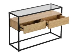 Consoletafel Met 2 Lades Van Mdf, Gehard Glas En Metaal - Licht Naturel - Camata