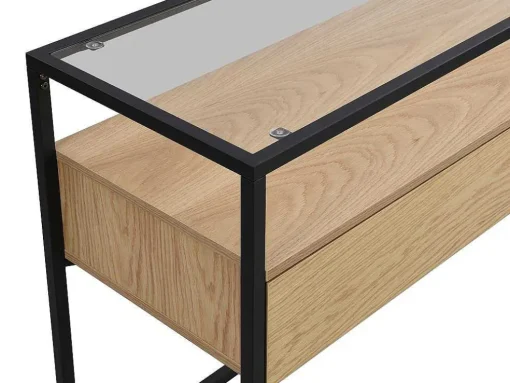Consoletafel Met 2 Lades Van Mdf, Gehard Glas En Metaal - Licht Naturel - Camata