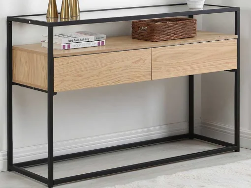 Consoletafel Met 2 Lades Van Mdf, Gehard Glas En Metaal - Licht Naturel - Camata