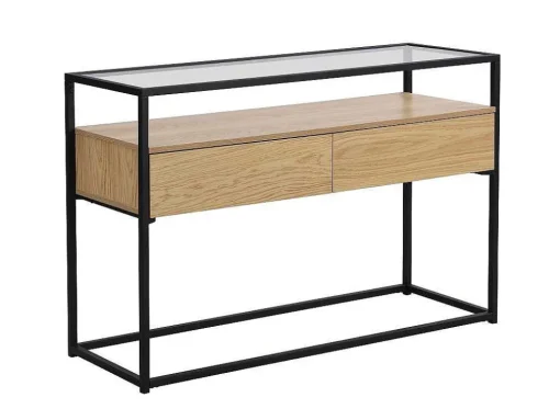 Consoletafel Met 2 Lades Van Mdf, Gehard Glas En Metaal - Licht Naturel - Camata