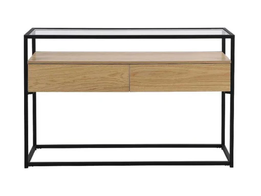 Consoletafel Met 2 Lades Van Mdf, Gehard Glas En Metaal - Licht Naturel - Camata