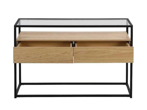 Consoletafel Met 2 Lades Van Mdf, Gehard Glas En Metaal - Licht Naturel - Camata