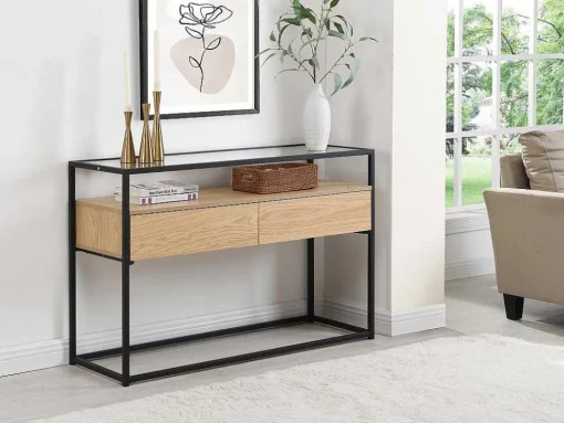 Consoletafel Met 2 Lades Van Mdf, Gehard Glas En Metaal - Licht Naturel - Camata