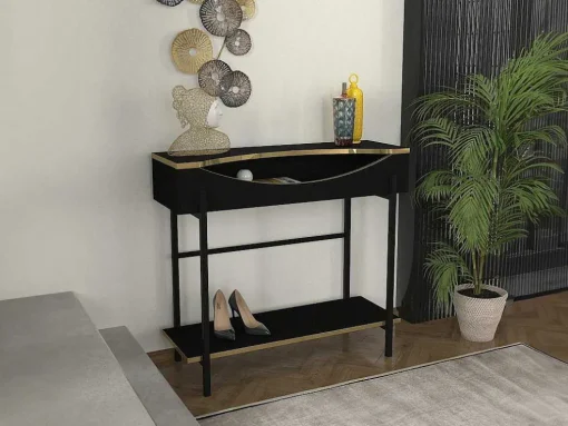 Consoletafel Met 1 Plank En 1 Nis - Zwart En Goudkleurig - Meriova